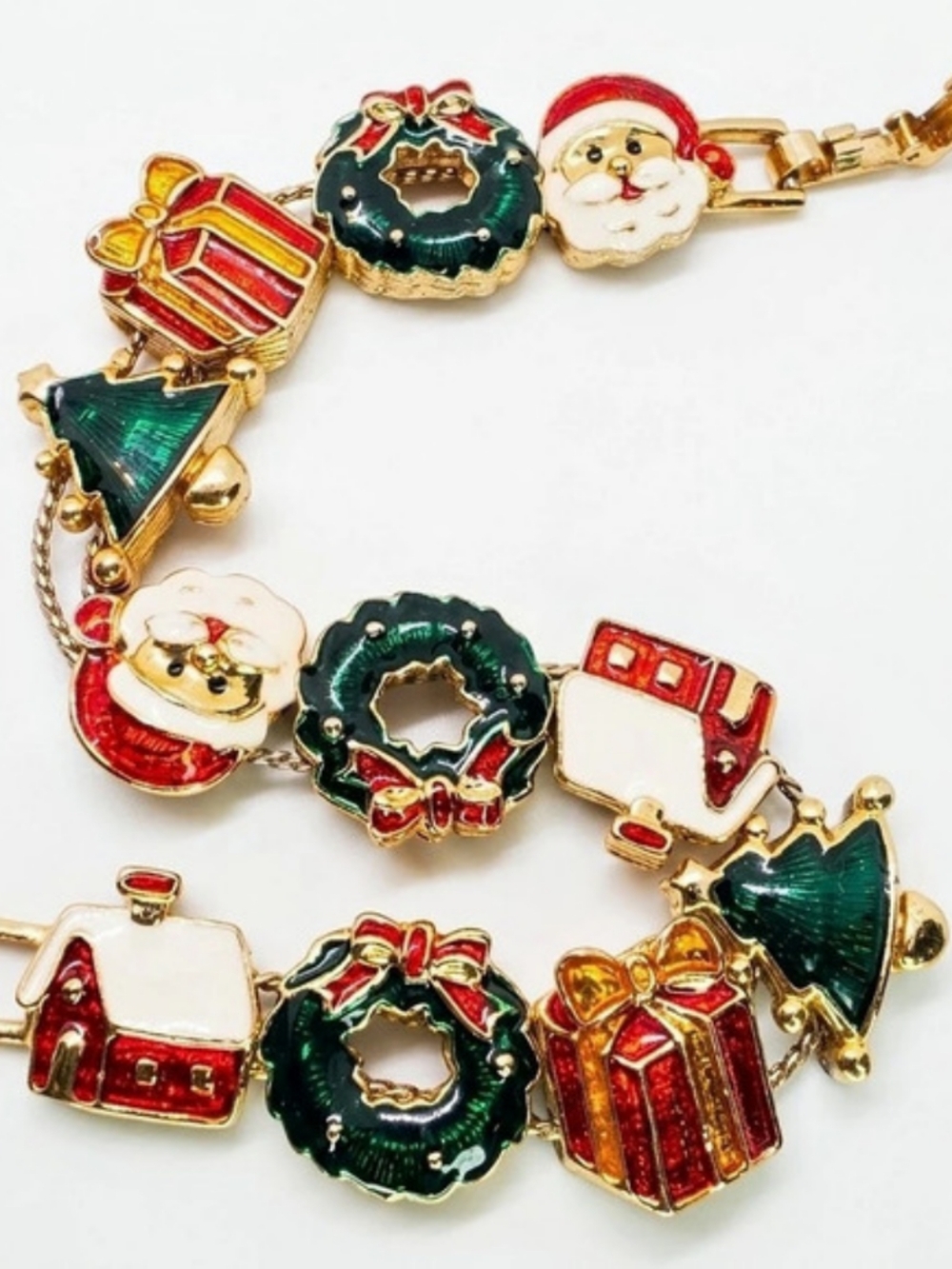 Christmas Bracelet Slide Charm Enamel Goldtone Vintage 7” Signed SP Santa Wreath